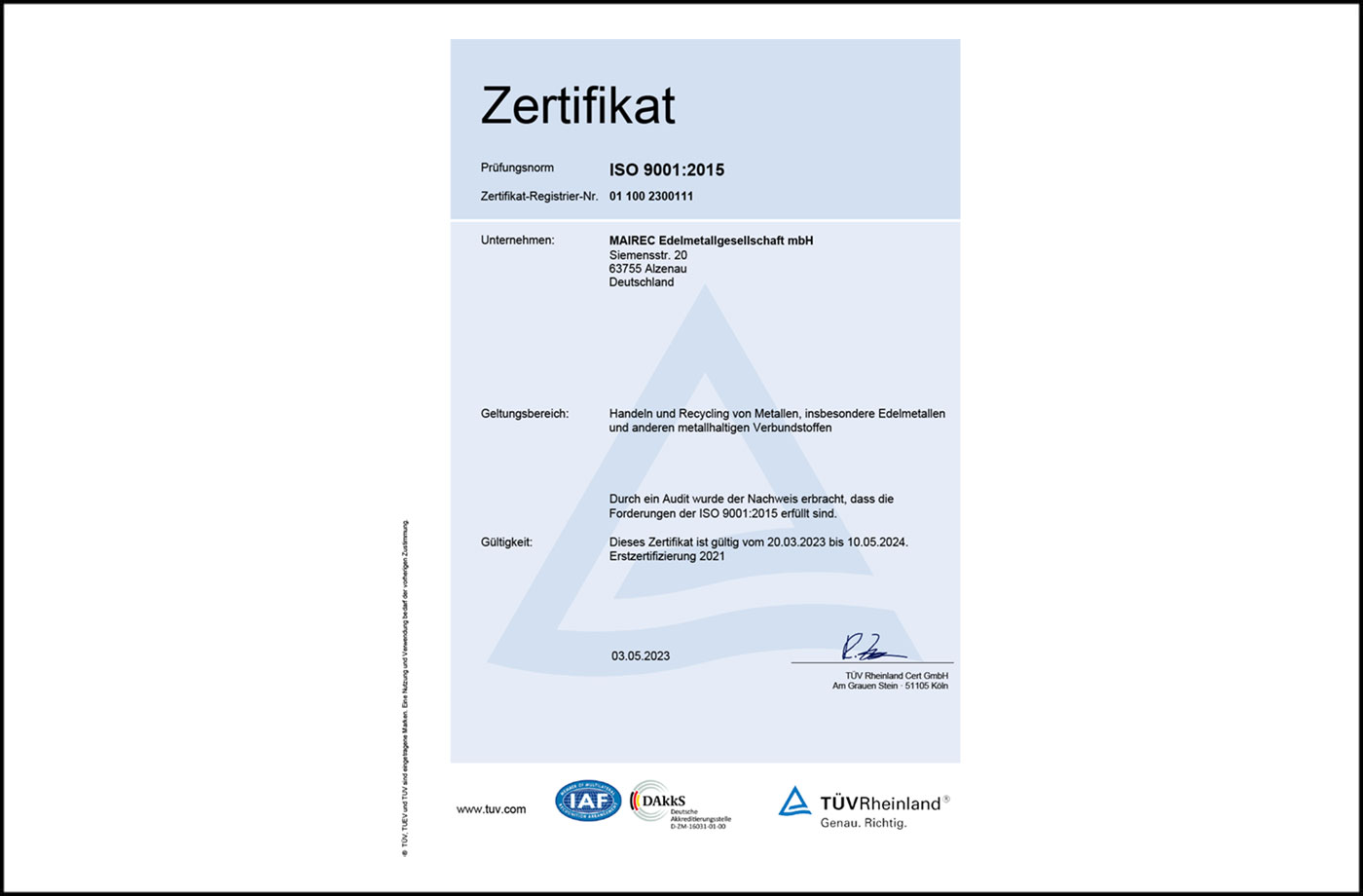 mairec edelmetall precious metal recycling certificate ISO 9001